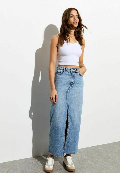 Moxidress High Rise Raw Hem Slit Front Denim Midi Skirt