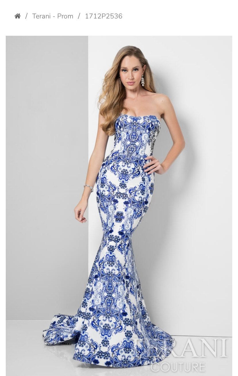 Terani Couture Blue and White Paisley Mermaid Gown Size 12