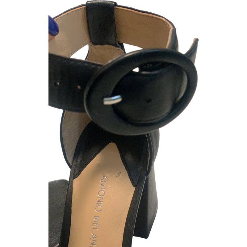 Antonio Melani Black Leather Block Heel Sandal Size 6.5