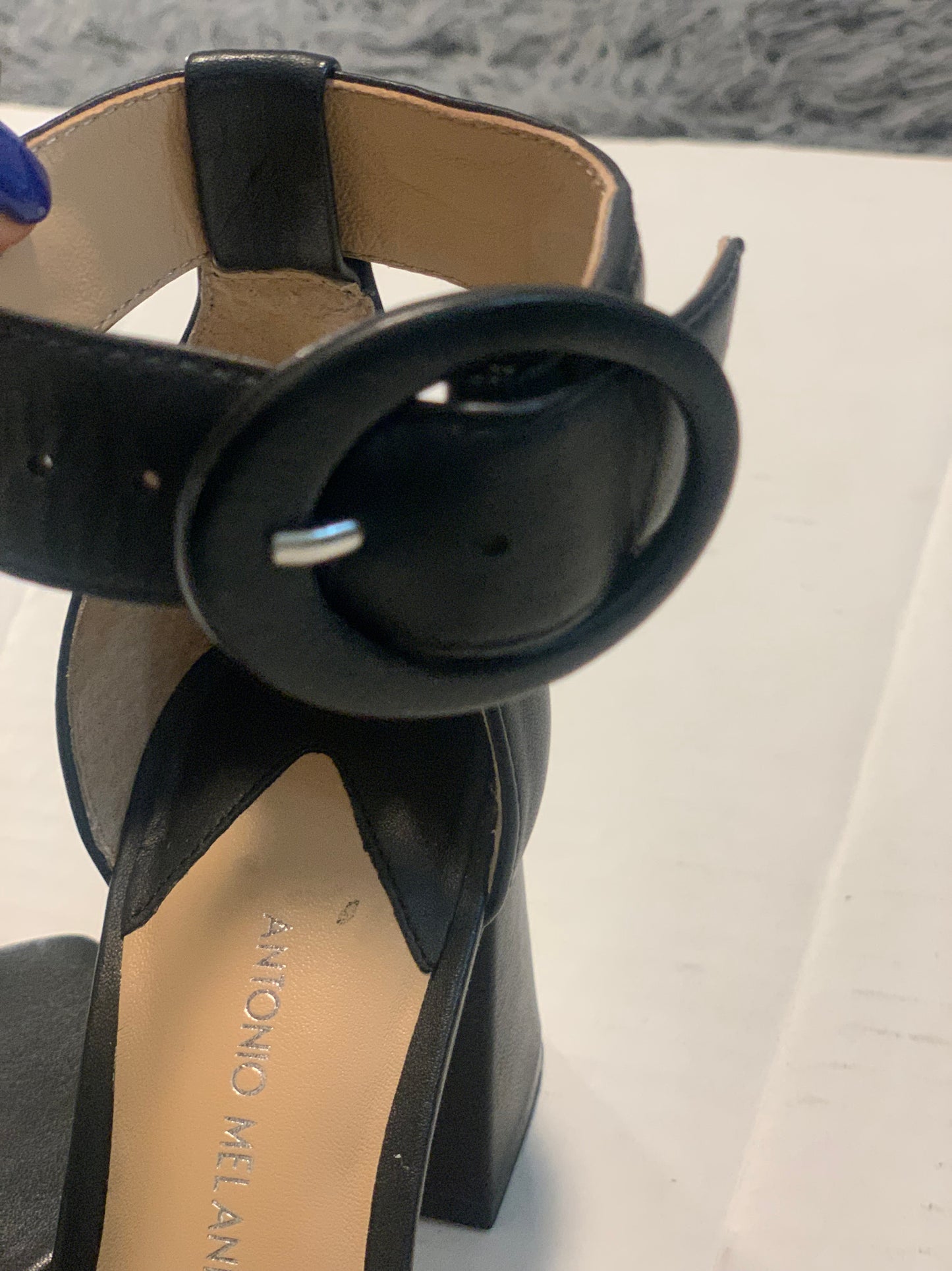 Antonio Melani Black Leather Block Heel Sandal Size 6.5
