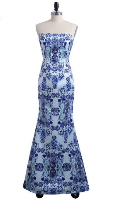 Terani Couture Blue and White Paisley Mermaid Gown Size 12