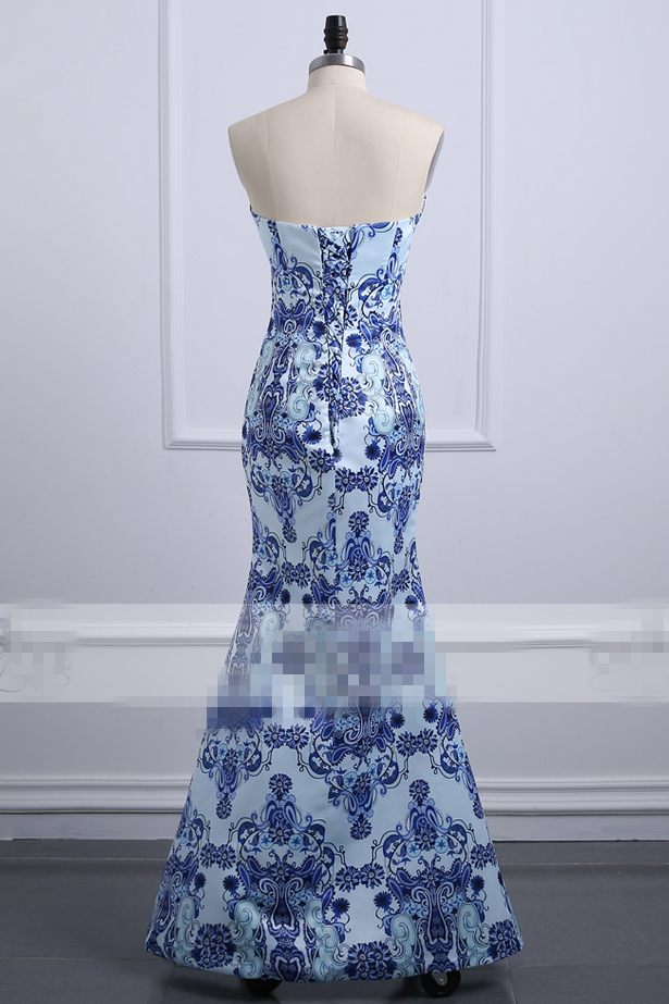 Terani Couture Blue and White Paisley Mermaid Gown Size 12