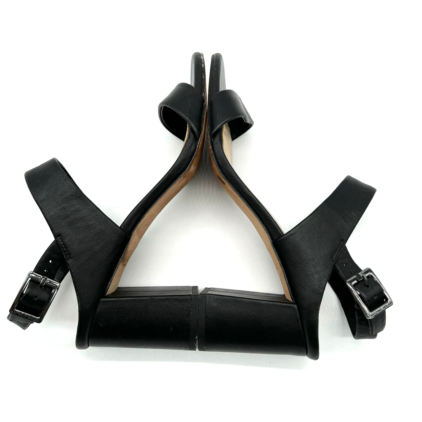 Antonio Melani Black Leather Block Heel Sandal Size 6.5