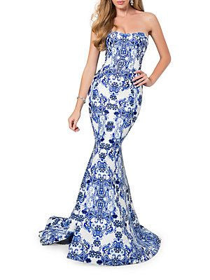 Terani Couture Blue and White Paisley Mermaid Gown Size 12