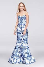 Terani Couture Blue and White Paisley Mermaid Gown Size 12