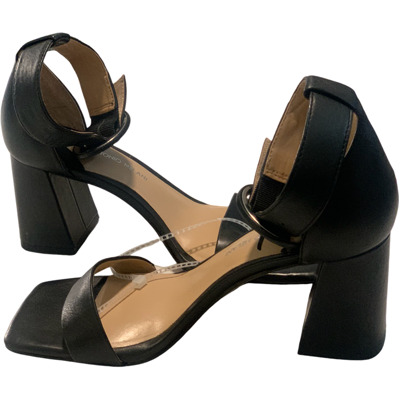 Antonio Melani Black Leather Block Heel Sandal Size 6.5