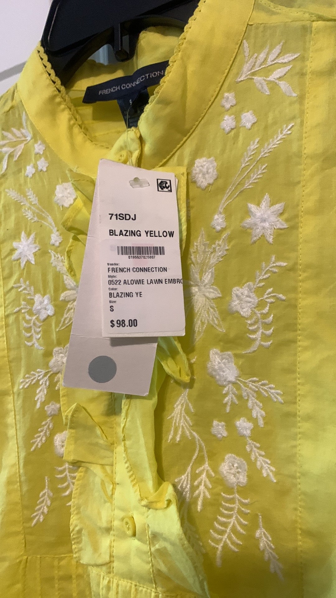 French Connection Yellow Embroidered Dress Size S