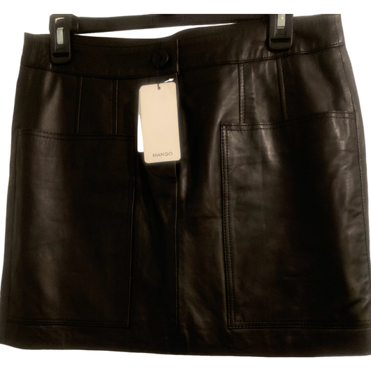 Mango Genuine Leather Mini Skirt Black Size S